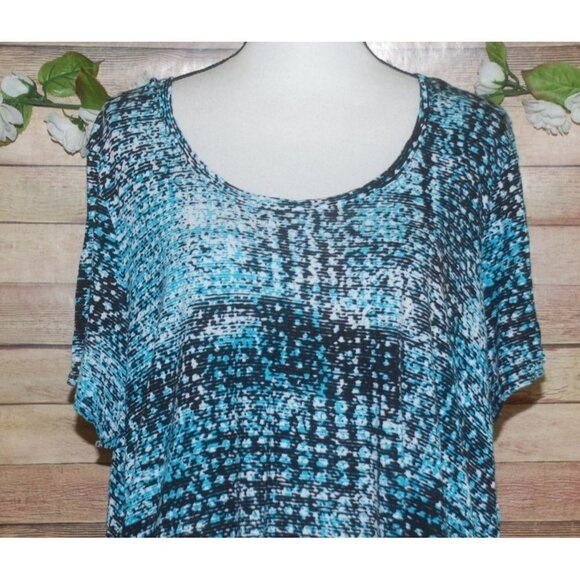 Woman Within Knit Top Short Sleeve Stretch Size 1X 22W 24W Aqua & Black Print - Picture 2 of 11
